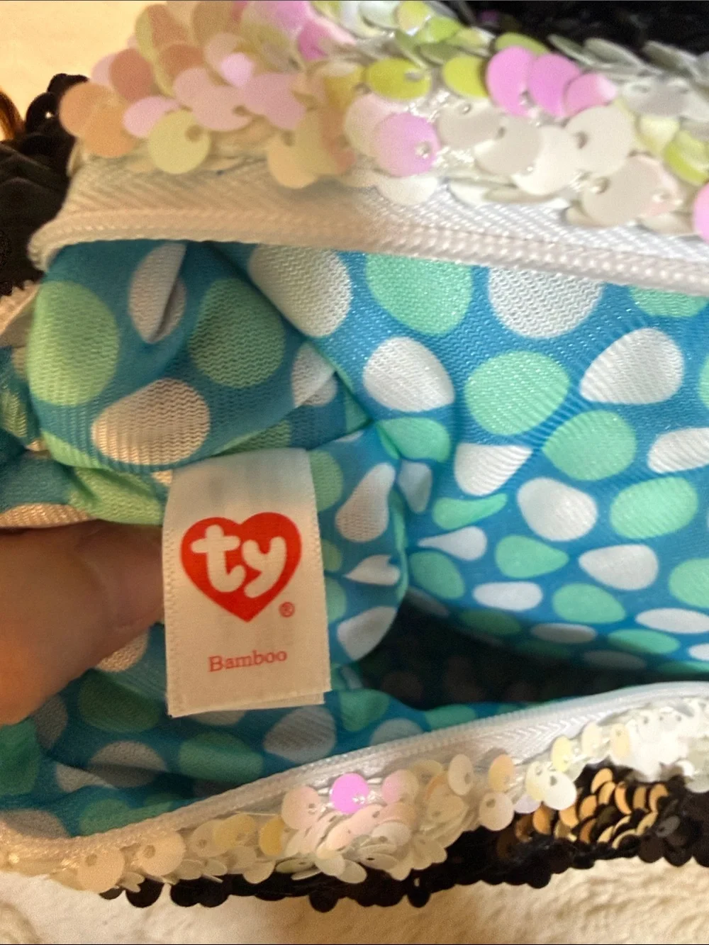 Ty Beanie Boos Bamboo the Panda Sequin Crossbody Purse White Black Iridescent